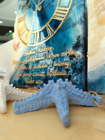 Ceas de perete handmade rășină epoxidică – Marbled Canvas Ocean Bleu Marin și Scoici, unicat 30×40 / 50×70 cm [3]