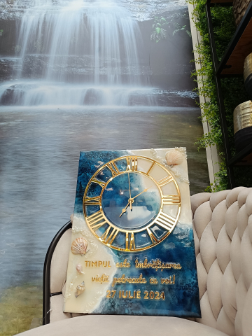 Ceas de perete handmade rășină epoxidică – Marbled Canvas Ocean Bleu Marin și Scoici, unicat 30×40 / 50×70 cm [5]