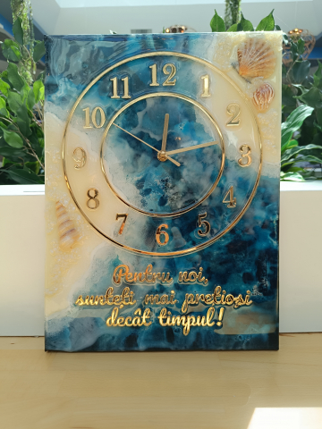 Ceas de perete handmade rășină epoxidică – Marbled Canvas Ocean Bleu Marin și Scoici, unicat 30×40 / 50×70 cm [2]