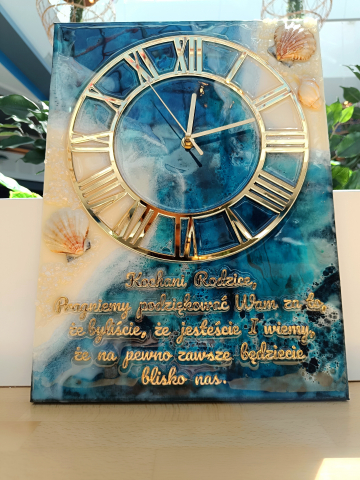 Ceas de perete handmade rășină epoxidică – Marbled Canvas Ocean Bleu Marin și Scoici, unicat 30×40 / 50×70 cm [4]