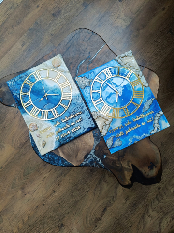 Ceas de perete handmade rășină epoxidică – Marbled Canvas Ocean Bleu Marin și Scoici, unicat 30×40 / 50×70 cm [6]