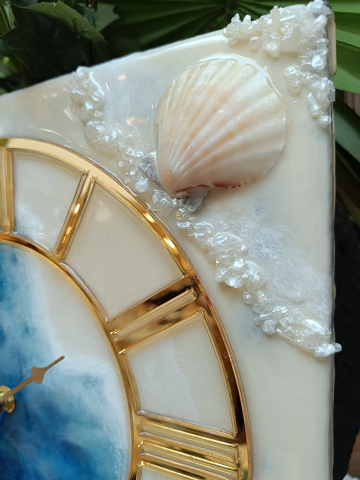 Ceas de perete handmade rășină epoxidică – Marbled Canvas Ocean Bleu Marin și Scoici, unicat 30×40 / 50×70 cm [8]