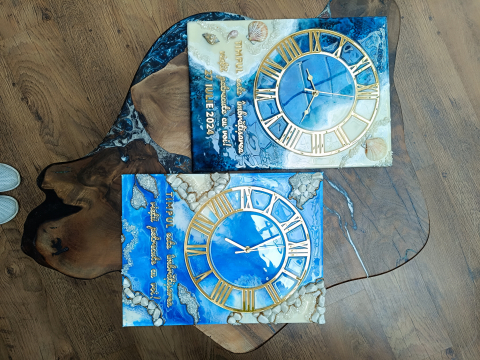 Ceas de perete handmade rășină epoxidică – Marbled Canvas Ocean Bleu Marin și Scoici, unicat 30×40 / 50×70 cm [7]