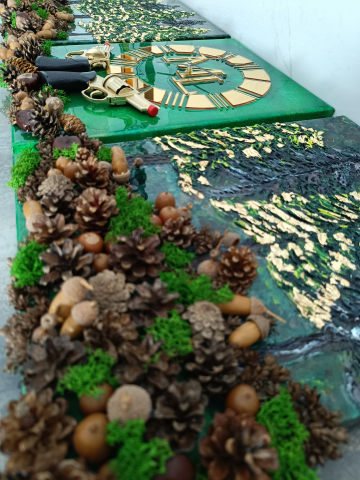 Ceas de perete handmade rasina epoxidica – Triptic Marbled Canvas Forestier, unicat 3 piese 30x40 cm [4]