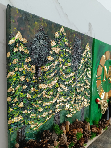 Ceas de perete handmade rasina epoxidica – Triptic Marbled Canvas Forestier, unicat 3 piese 30x40 cm [9]