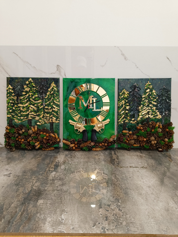 Ceas de perete handmade din rășină epoxidică – Triptic 3 Piese Marbled Canvas Forestier, unicat (30×40 cm)