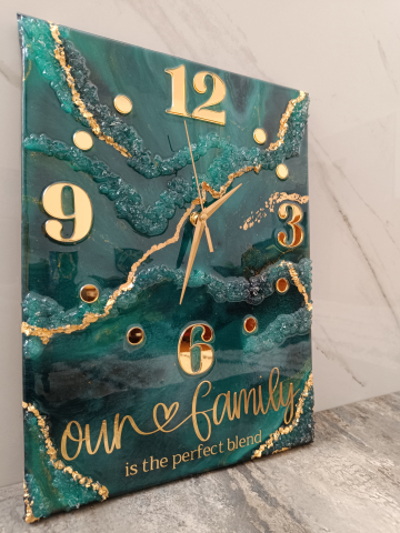 Ceas de perete handmade rășină epoxidică – Marbled Canvas Verde Smarald Auriu, unicat 30×40 / 50×70 cm [1]
