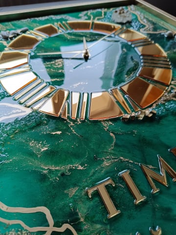 Ceas de perete handmade rasina epoxidica – Marbled Canvas Verde Smarald Nature, unicat 30x40 / 50x70 cm [14]