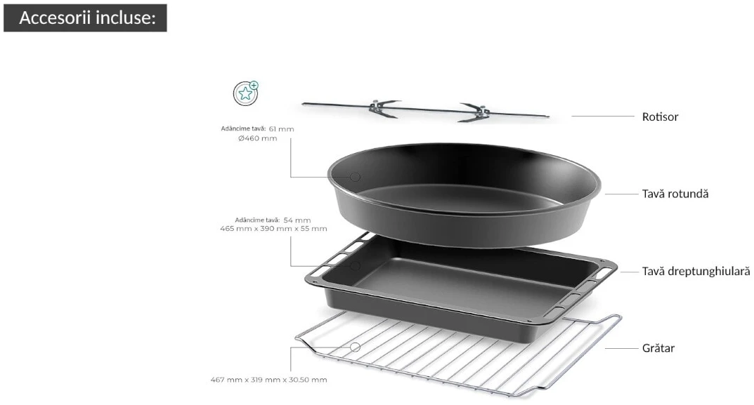 Cuptor electric Kumtel LX-9325 Pizza XXL, 70 litri, 2500 W, Convectie, 4 moduri de gatit, Iluminare interioara, negru/inox [3]