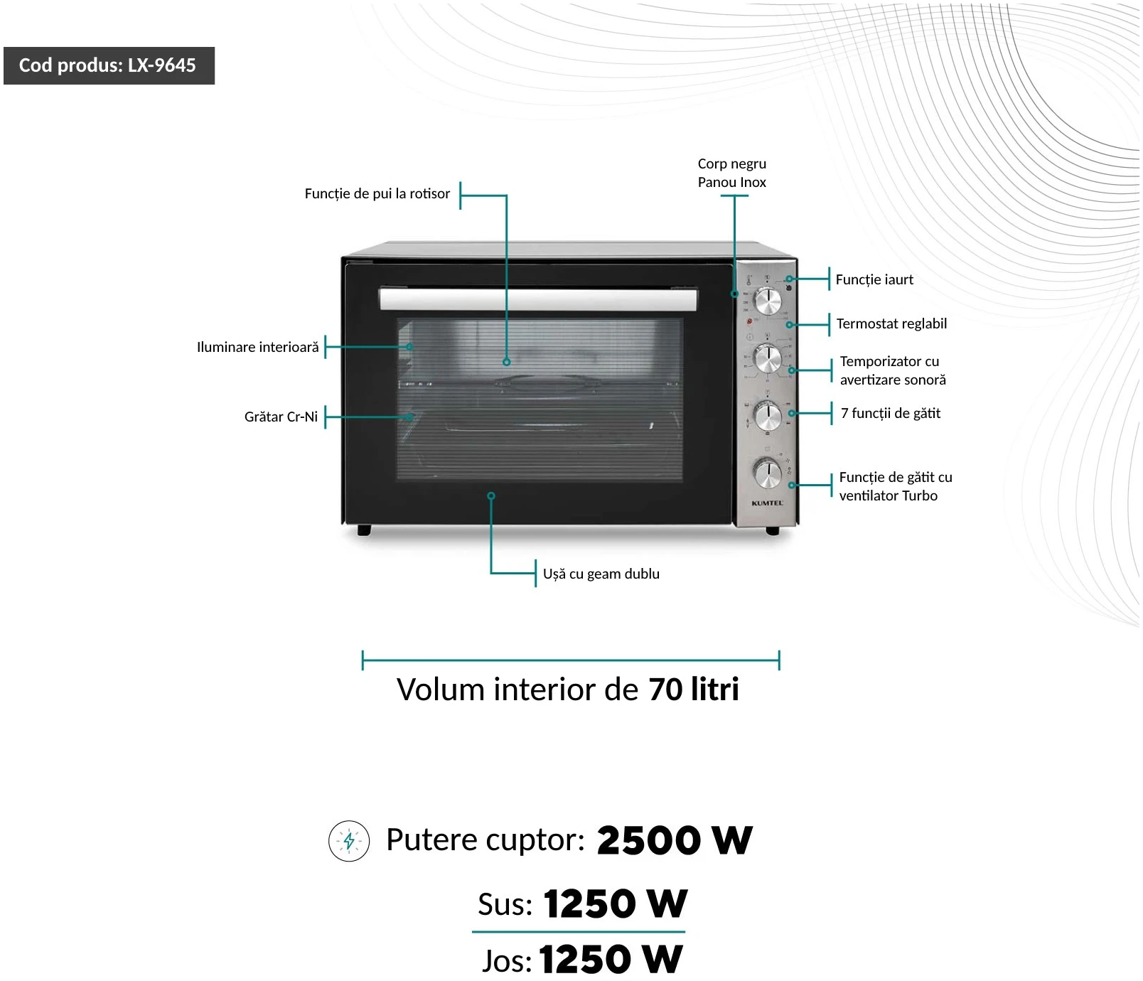 Cuptor electric Kumtel LX-9645FA Pizza,Rotisor XXL, 70 litri, 2500 W, Rotisor, Convectie, 7 moduri de gatit, geam dublu, negru/inox [2]