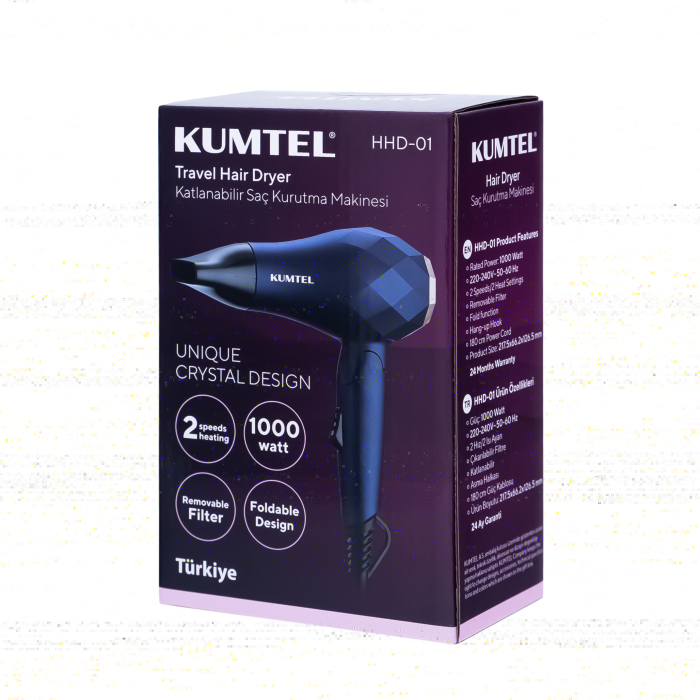 Uscator de par de calatorie Kumtel Diamond Dry 1000W C, Maner si concentrator pliabil, usor, compact si puternic, cu siguranta pentru intrerupere termica, setari de 2 viteze, bleumarin [3]