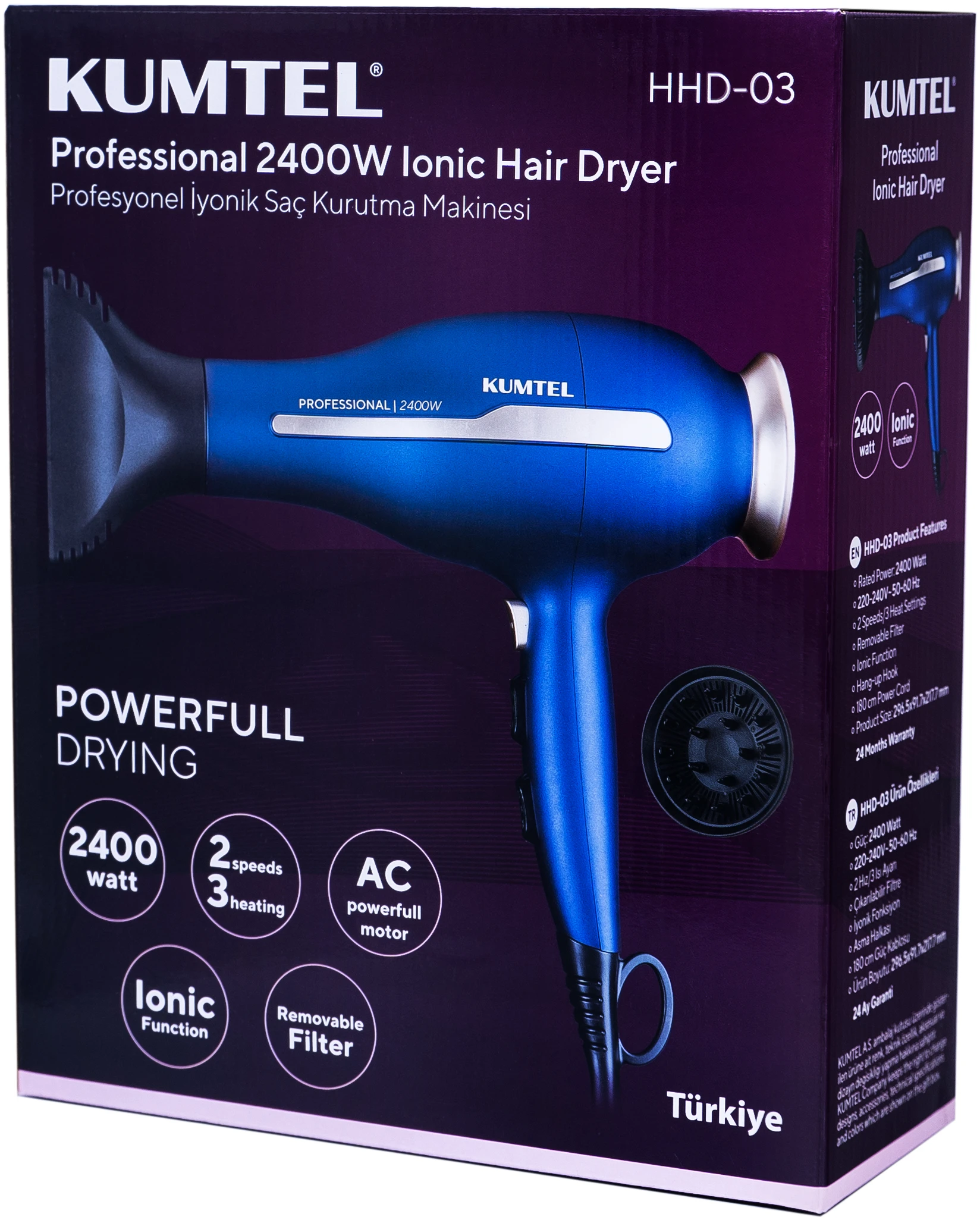 Uscător de păr ionic Kumtel Professional 2400W HHD-03, ușor, compact și puternic, cu siguranță pentru întrerupere termică, setări de 2 viteze, bleumarin [3]