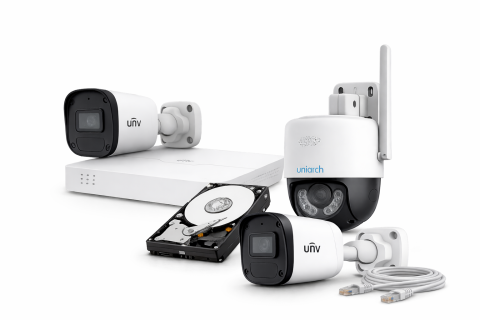 KIT-uri supraveghere - Sistem supraveghere IP complet UNV 2 camere fixe + 1 camera rotativa  IR/lumina alba Speaker, NVR 4 canale PoE, HDD 500GB