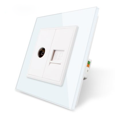 Prize Smart - A_0283 Priza Dubla Tv si Internet cu rama din sticla Datamaxx Alba