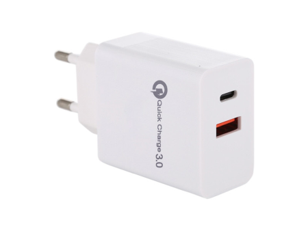 Accesorii Telefoane - A_0493 Incarcator QC 3.0 adaptive fast charging 3.1A USB-A  si USB-C 18W Alb