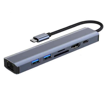 HUB-uri USB - Adaptor Hub Multiport 7 in 1, USB Type-C la HDMI 4K / 30Hz, USB-C Data and PD 100W Charging Port, LAN RJ45 Ethernet, SD/TF Card Reader, 2 USB 3.0, Docking Station Pentru Laptop HP, Lenovo, Macbook, Al