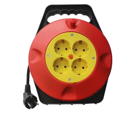 Iluminat si Electrice - Cablu Prelungitor Datamaxx 4 prize, rola cu tambur, IP20, 3x1,5 mmp, 3500W, 10 metri, maner transport ergonomic, rosu/negru