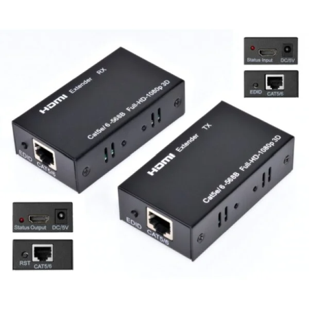 Accesorii Monitoare - Extender (Adaptor) Activ Datamaxx CAT6/6A/7 de la HDMI la RJ45, pentru extindere semnal video pana la 60m, cu transmitator + receiver RJ45 Ethernet CAT6/6A/7 1080p negru