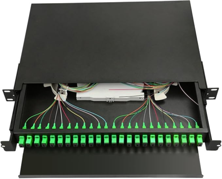 Cutii de distributie FTTH si ODF-uri - Optical Fiber Patch Panel ODF Datamaxx Singlemode 24 porturi SC/APC simplex 1U Complet Echipat