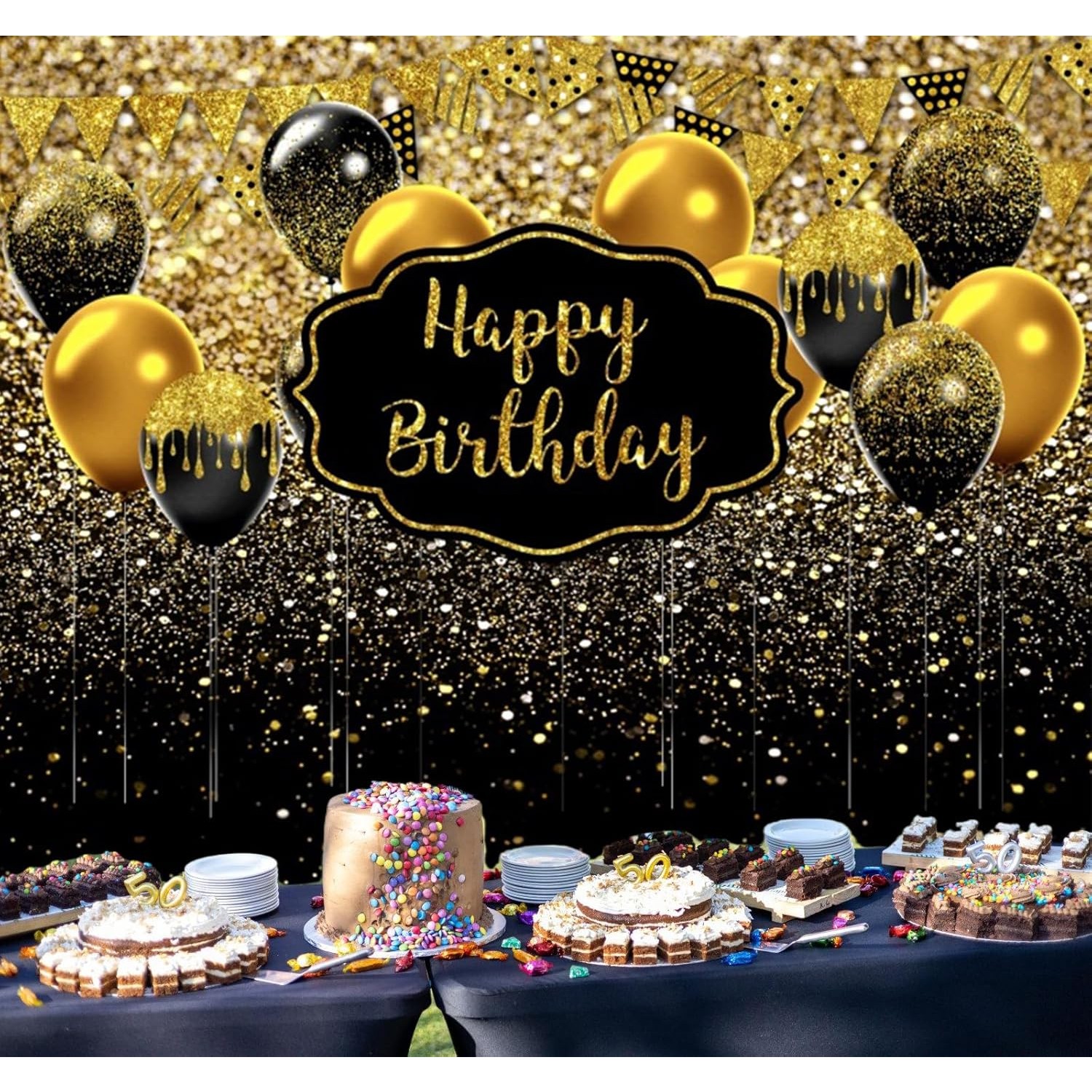 Banner Tip Fundal pentru Poze, din Panza, 185 x 110 cm, Sfoara 6 m, Prindere in 4 Colturi, Negru/Auriu [1]