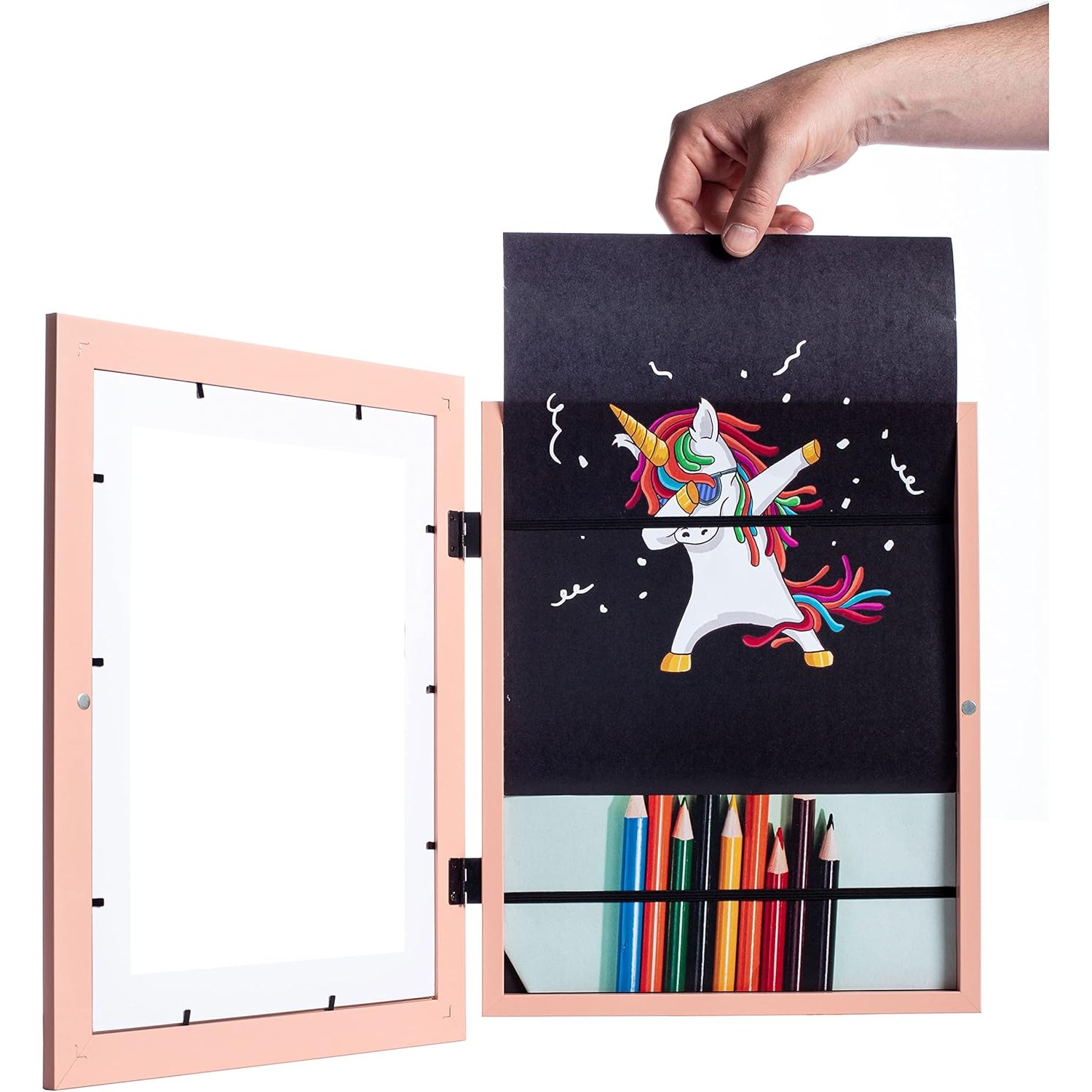 Rama Foto cu Magnet, din Lemn, cu Spatiu Pentru Depozitare, Pentru Desene si Picturi A4, Sticla Securizata, Rama MDF, 21x30 cm, Roz [5]