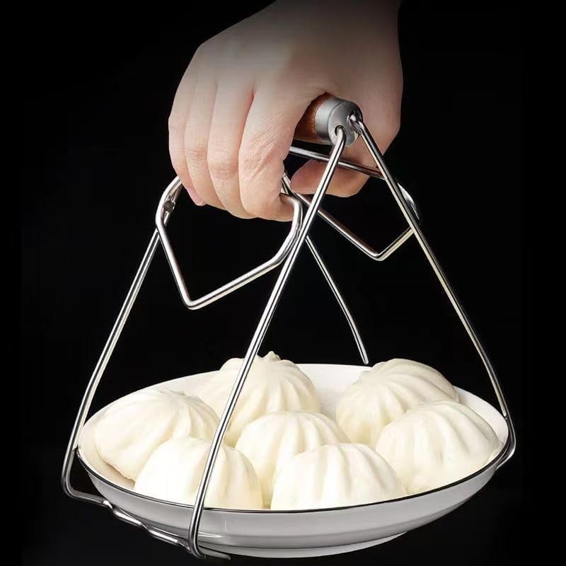 Clema pentru Boluri, Anti-Alunecare, din Otel Inoxidabil, Extindere, pentru Oale, Tigai, de Uz Casnic, Rezistent la Temperaturi Inalte, 19.5x9.8x8 cm, Maner Maro, Gri [3]