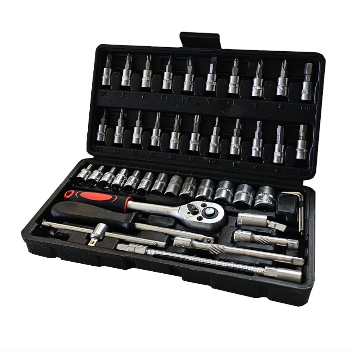 Chei tubulare Set 46 de Piese, Trusa Scule de Reparatii Auto, Prelungitoare Rigid si Flexibil, Articulatie Cardanica, Antrenor de Forta Glisant, Adaptoare, Maner pentru Surubelnita, 23 x 12 x 4 cm, 1.9 kg, Cutie Neagra [4]