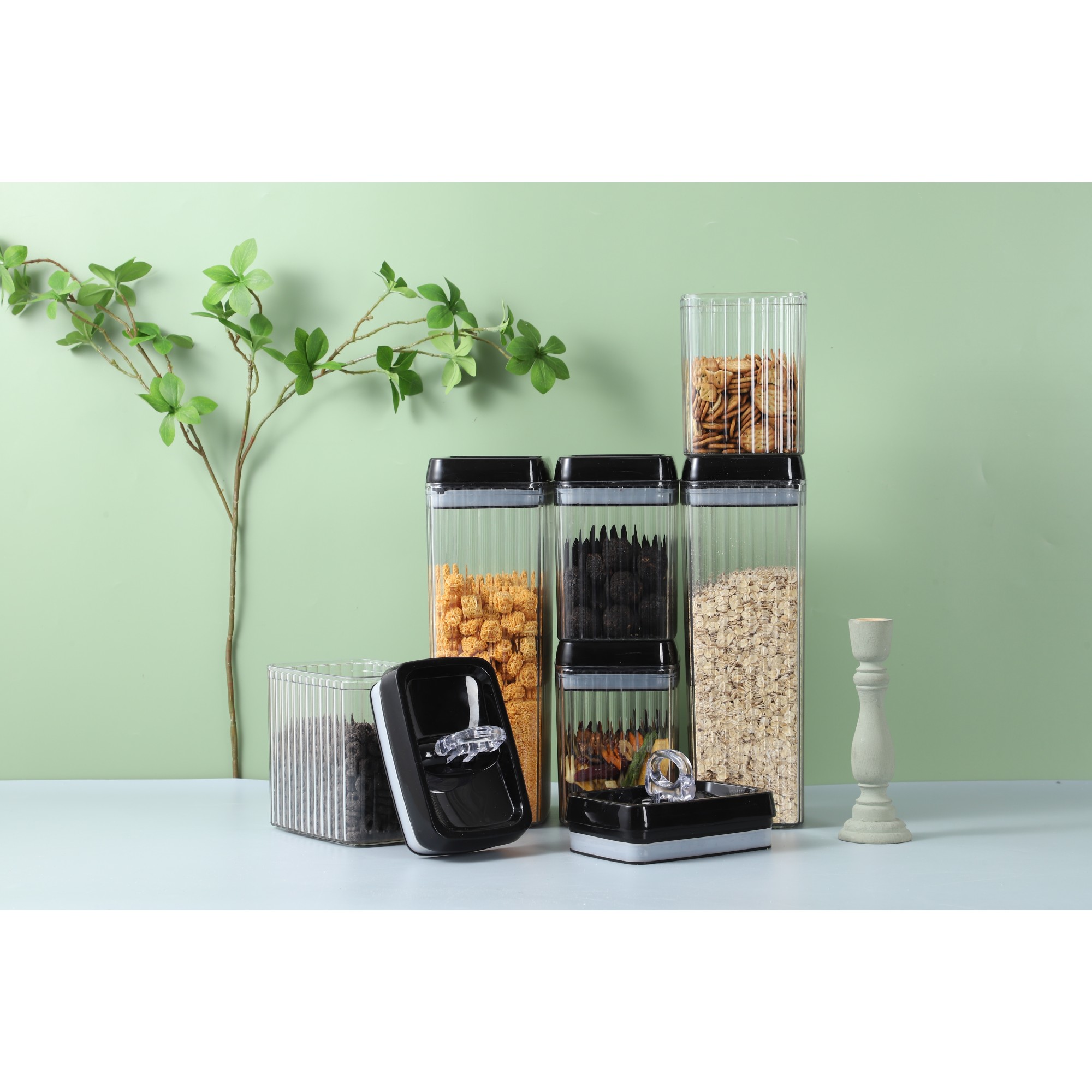 Set 5 Recipiente din Plastic, pentru Alimente/Obiecte, Inchidere Ermetica, Textura Ondulata, 4 x 1.5l, 1 x 3.3 l, Transparent [13]