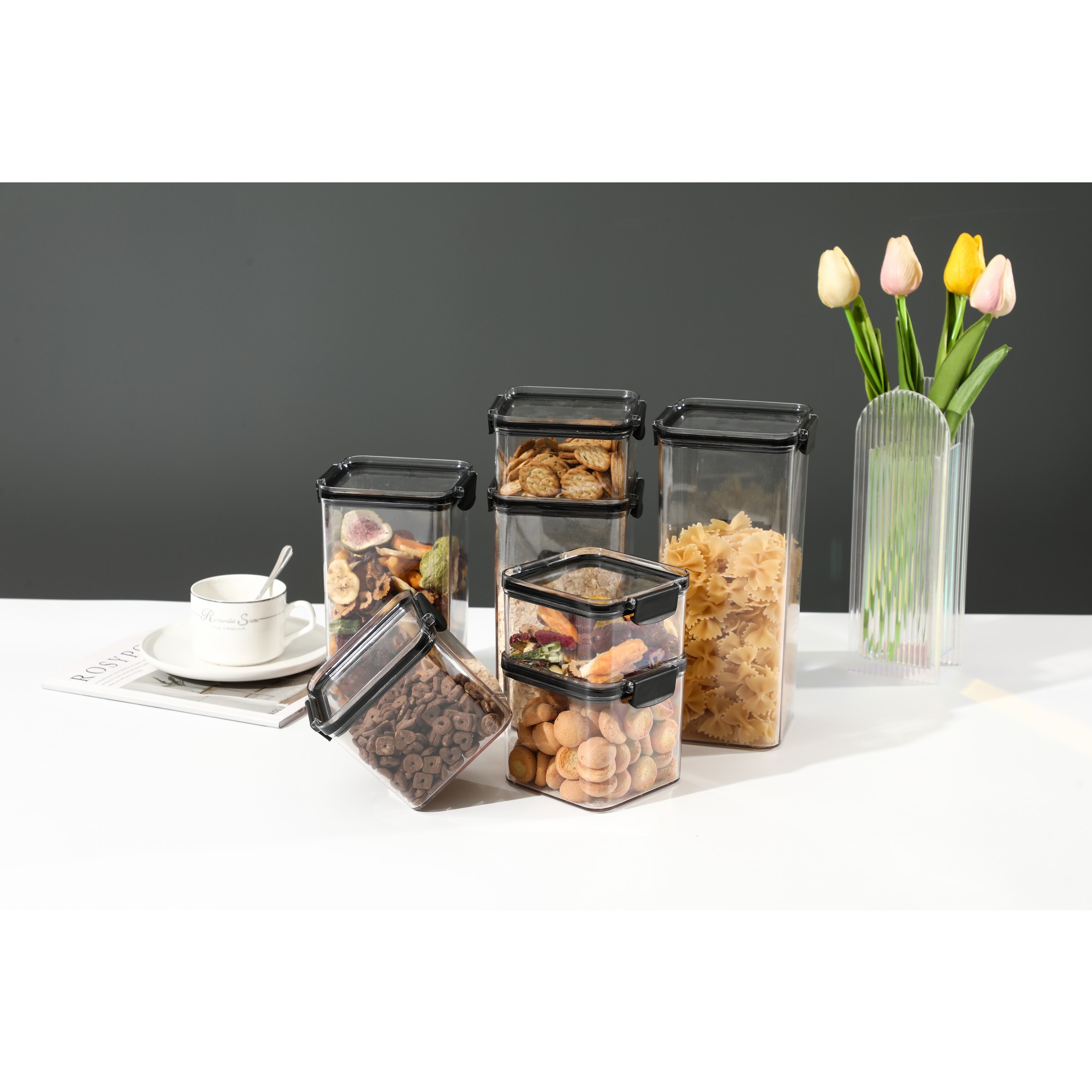 Set 6 Recipiente din Plastic, pentru Alimente/Obiecte, Inchidere Ermetica, 2 x 460 ml, 2 x 700 ml, 1 x 1300 ml, 1 x 1800 ml, Transparent [1]