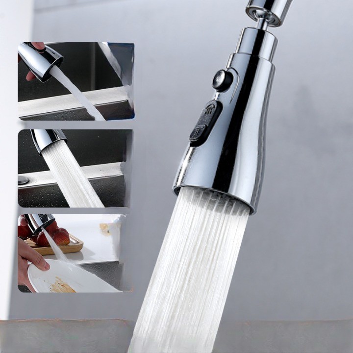 Extensie Robinet Bucatarie, Universal, 3 Moduri de Curgere Apa, Otel Inoxidabil, Rotire 360 de Grade, Cap Pivotant, Adaptor Baterie Bucatarie, 9.7x5.1 cm, Gri [1]