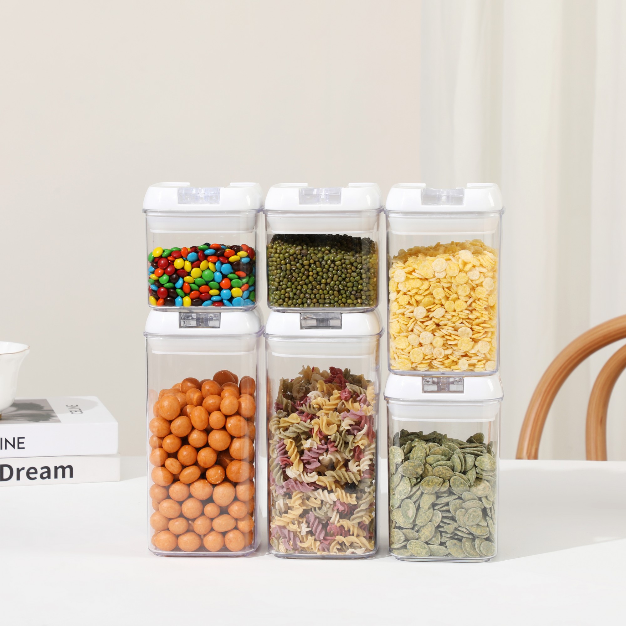 Set 6 Recipiente din Plastic, pentru Alimente/Obiecte, Inchidere Ermetica, 2 x 0.5l, 2 x 0.8l, 2 x 1.2l, Capac Alb, Transparent [1]