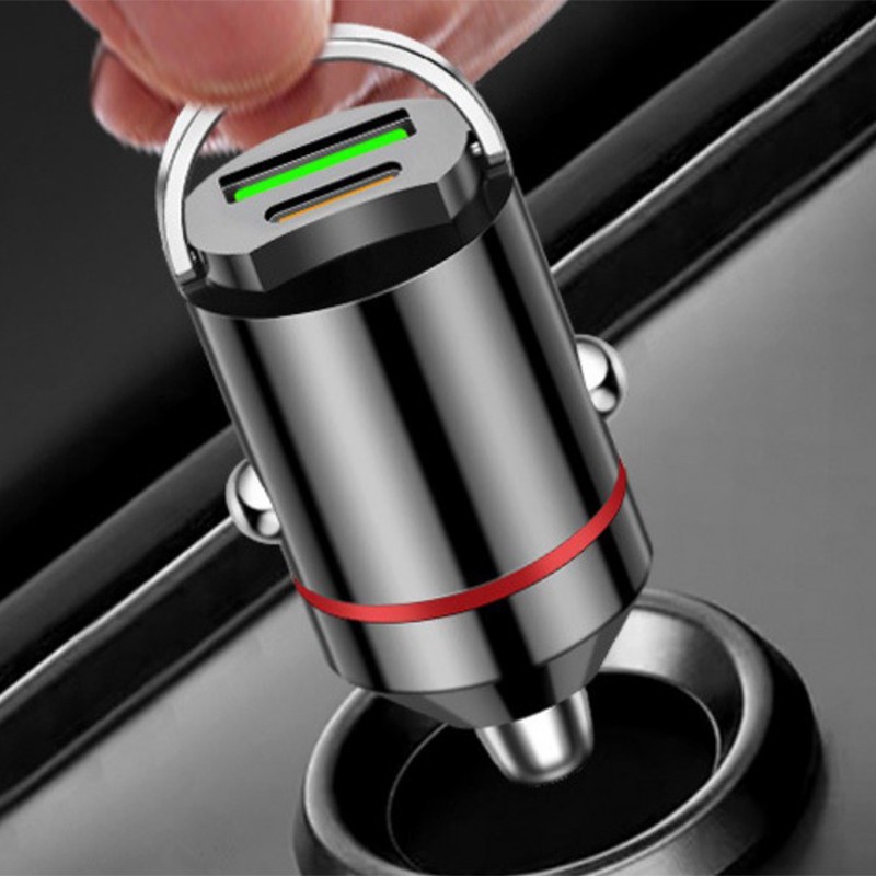 Adaptor Auto 2 in 1, din Aliaj, Port TYPE-C, PORT USB, 100 W, Inel Metalic de Tragere, practic Invizibil, Incarcare Mega Rapida, Negru [1]