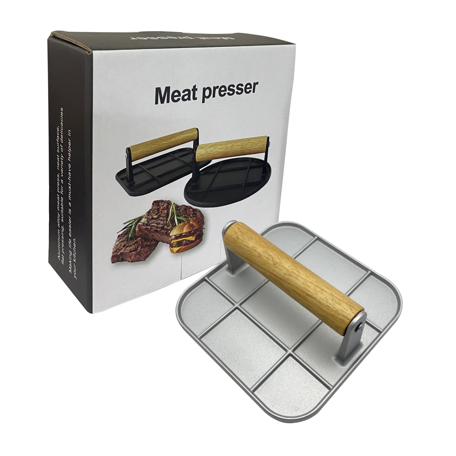 Presa Manuala pentru Carne, din Aliaj de Aluminiu, Maner din Lemn, Presa pentru Burgeri, Usor de Curatat si Folosit, Patrata, 16x16x6 cm, Gri [2]