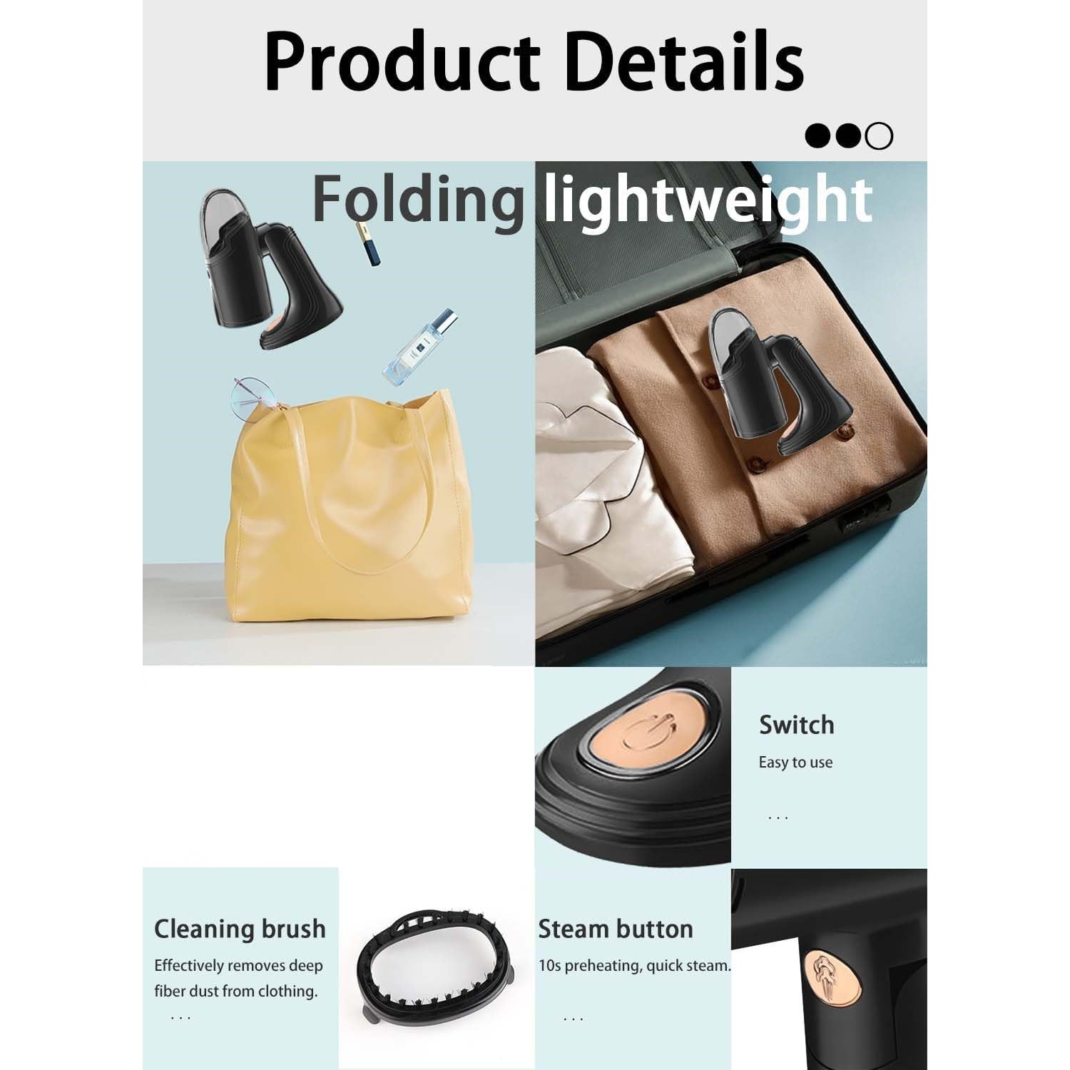 Aparat de Calcat Vertical Portabil cu Abur, Putere 1500W, Rezervor Detasabil de 138ml, Priza, Functie Anti Calcar si Auto Curatare, Pliabil, cu Perie, 20x10.5x8 cm, Negru [3]