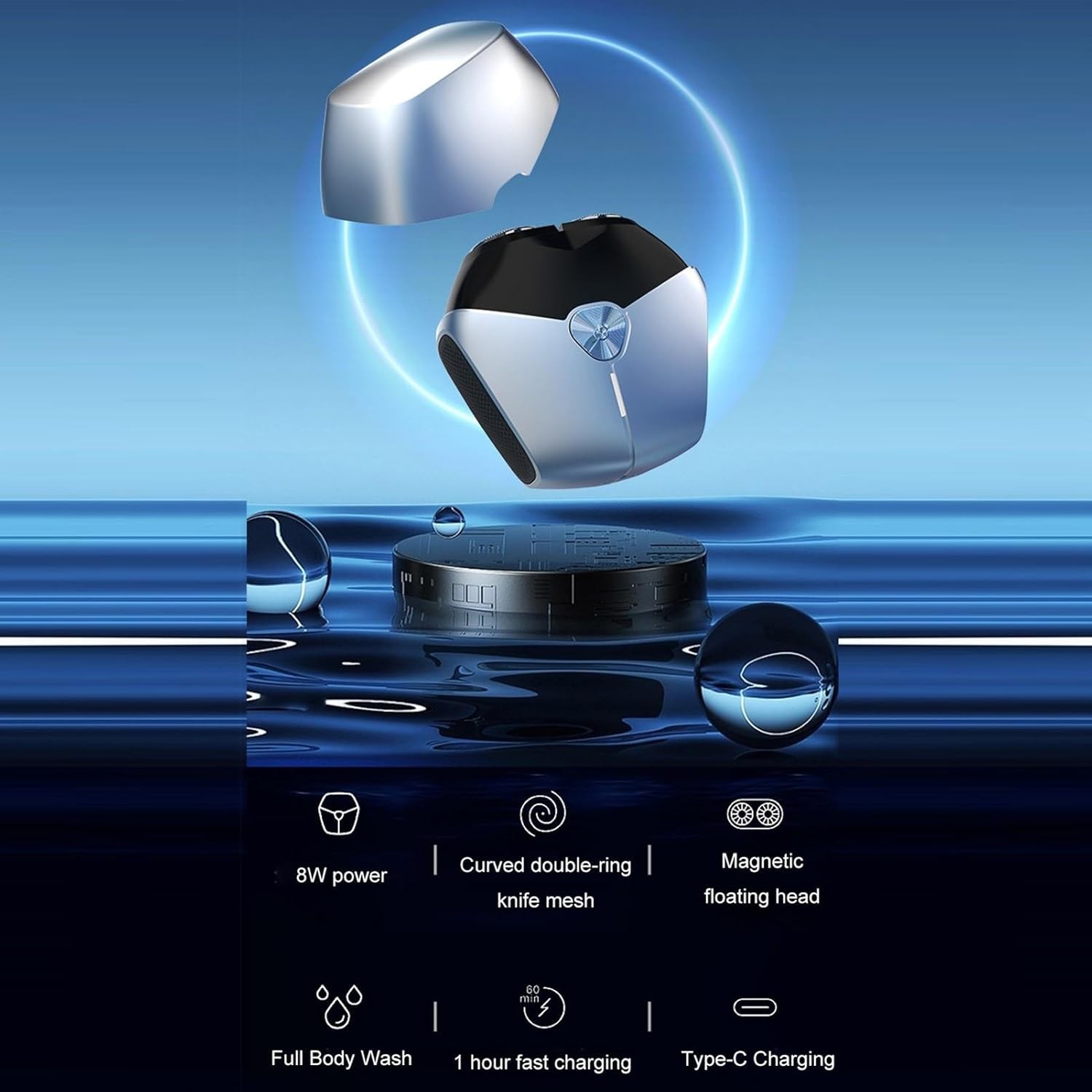 Aparat de Ras Portabil, 8W, Autonomie 60 min, Incarcare Cablu Type C Inclus, Periuta de Curatare, Husa, Reincarcabil, 7.3x7.5x3.3 cm, Gri [7]