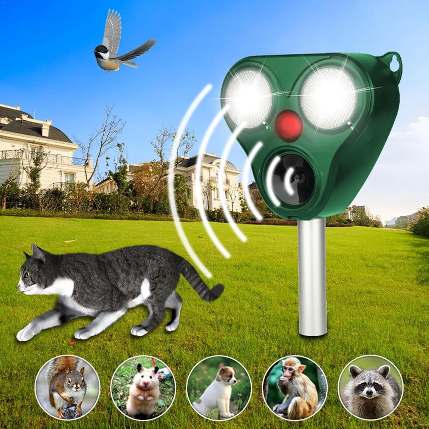 Aparat Solar LED cu Ultrasunete, Repelent pentru Animale Mari si Mici, Lumina Rosie si Alba, Anti Rozatoare, Anti Insecte, Frecventa 13.5KHZ-65 KHZ, Senzor PIR, 13 x 14.7 x 24.5 cm, Verde [7]