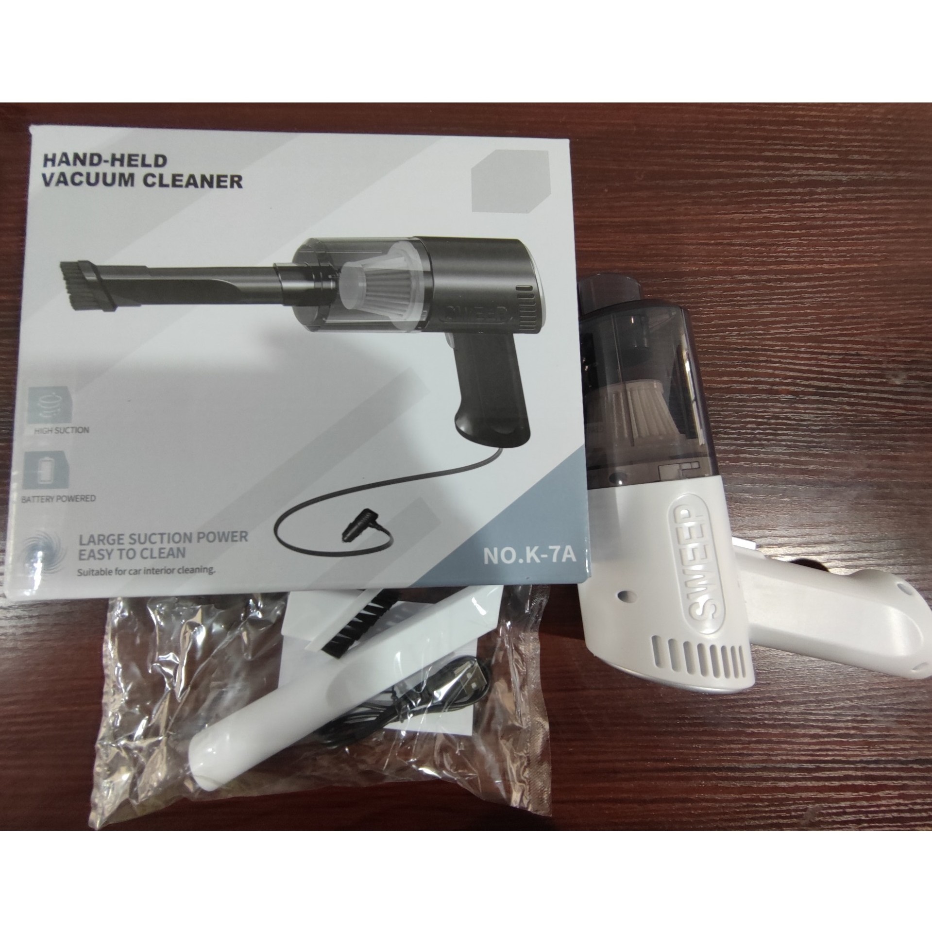 Aspirator Portabil Fara Fir, Tip Pistol K7, Pentru Casa si Masina, Incarcare USB, Autonomie 30 Min, 36 x 17 cm, Alb [4]
