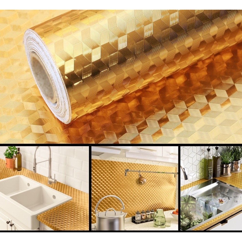 Autocolant de Bucatarie, Autoadeziv, Impermeabil, Rezistent la Temperaturi Ridicate, din PVC, 60 x 100 cm, Model Cub 3D, Auriu [2]