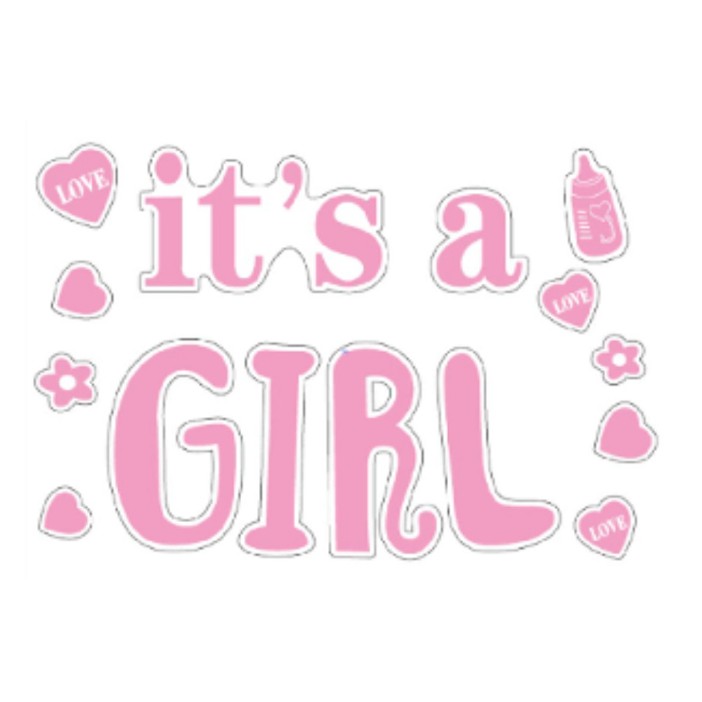 Tematica Fata/Baiat - Sticker Autocolant, Tematica Gender Reveal, Model Scris It's a Girl, 19.5x27.5 cm, Roz