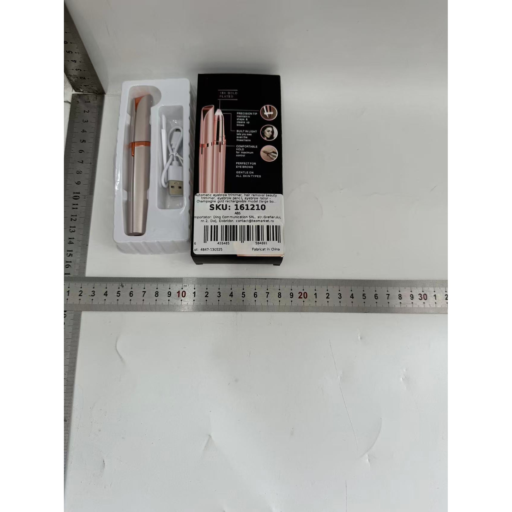 Trimmer Facial, pentru Sprancene, Incarcare USB, 1.5 x 13 cm, din ABS, Sampanie [5]