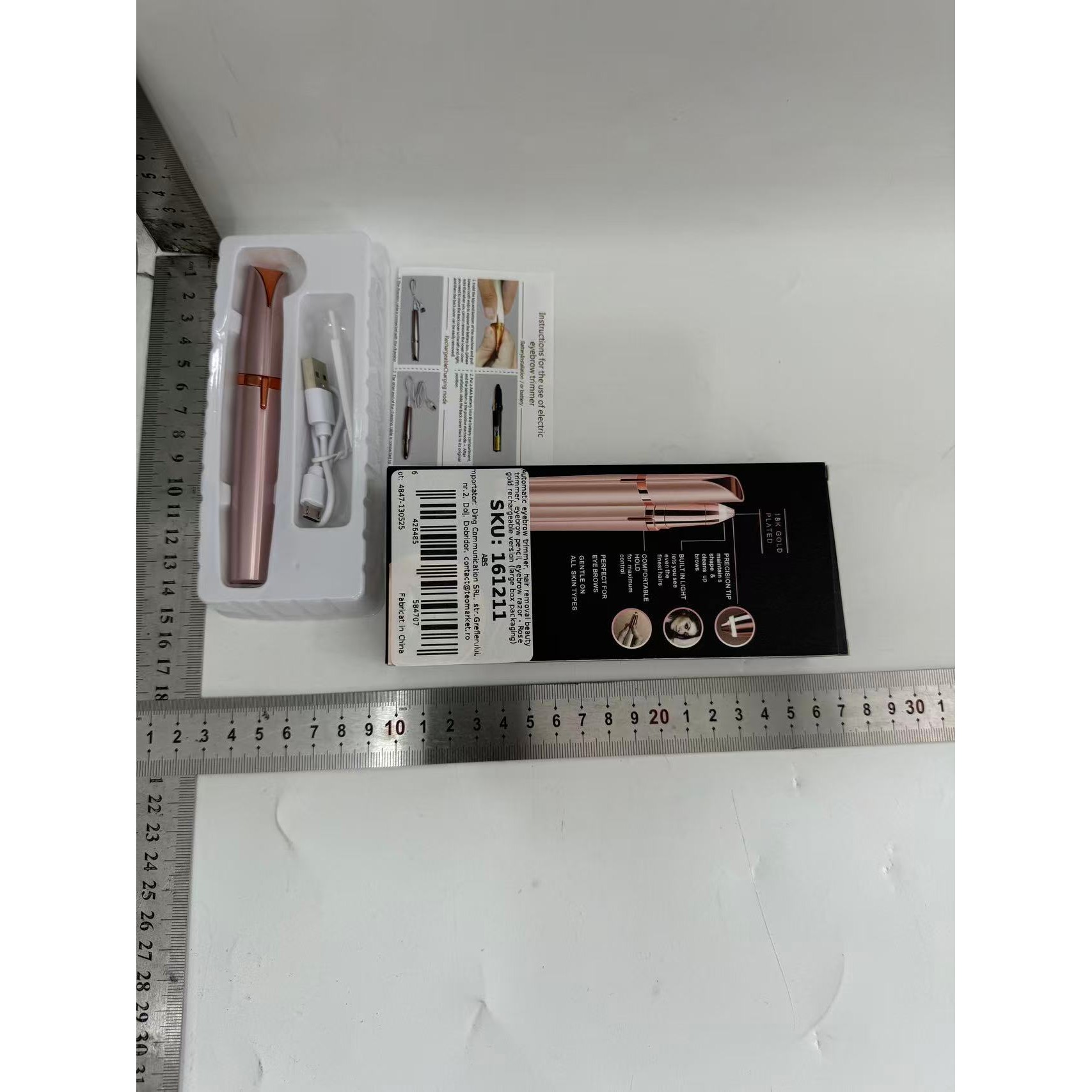 Trimmer Facial, pentru Sprancene, Incarcare USB, 1.5 x 13 cm, din ABS, Roz Auriu [6]