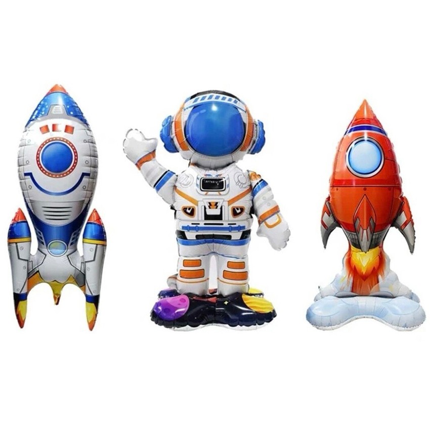 Seturi Baloane Folie - Baloane din Folie Metalizata, set 3 Baloane pentru Baieti, Model Astronaut 49 x 69 cm, Racheta Alba 31 x 61 cm, Racheta Rosie 36 x 69 cm, Pai din carton inclus, Multicolor