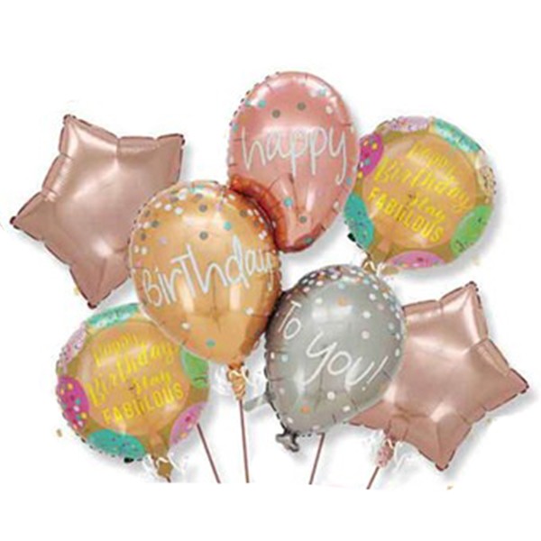 Seturi Baloane Folie - Baloane pentru aniversare, tematica Happy Birthday, set 7 baloane, 3 in1 Balon 86 x 110 cm, 2 Stele, 2 Rotunde, din folie de aluminiu, pai de carton inclus, Multicolor