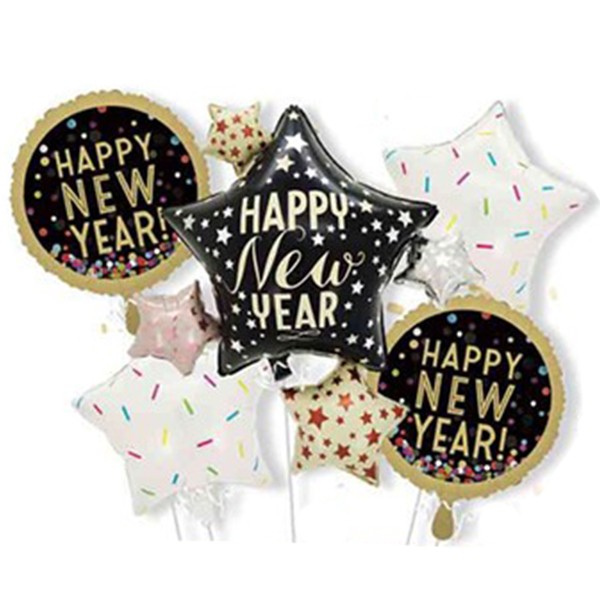 Seturi Baloane Folie - Baloane pentru aniversare, tematica Happy New Year, set 9 baloane, 1 Stea Mare 83 x 90 cm, 6 stele, 2 rotunde, din folie de aluminiu, pai de carton inclus, Negru