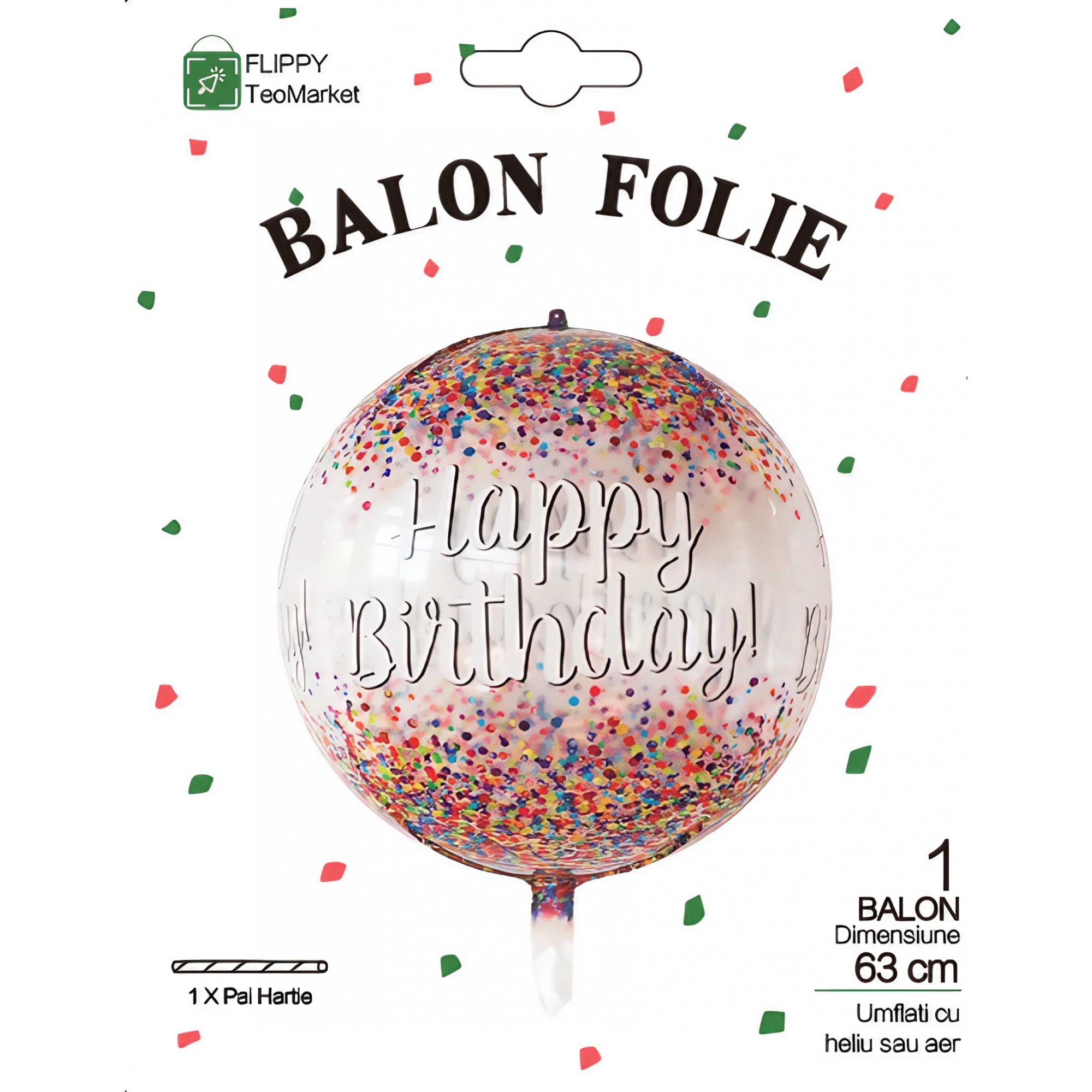 Balon din Folie Metalizata, Figurina Rotunda 4D, Model Happy Birthday, Tema Aniversare, 24 x 63 cm, Ambalaj Individual, Pai inclus, Umflare cu Aer sau Heliu, Maro [1]