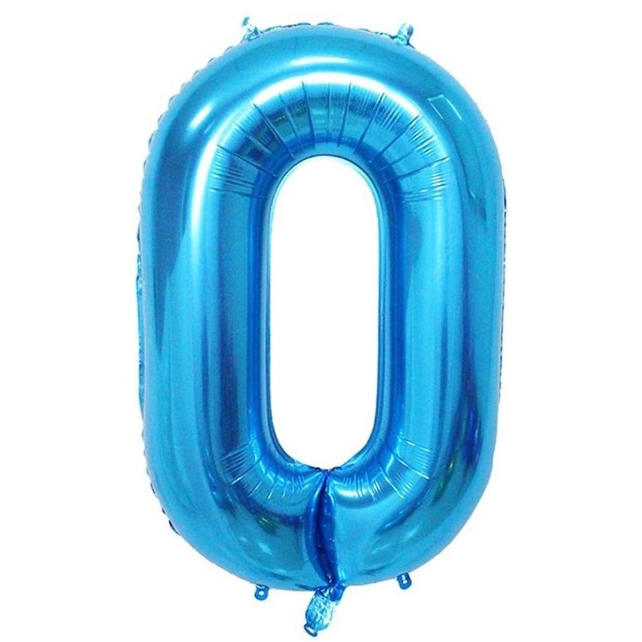 Cifre - Balon din Folie Metalizata, Figurina Cifra, Tema Aniversare 40 cm, Ambalaj Individual, Pai inclus, Umflare cu Aer sau Heliu, Albastru, Cifra 0