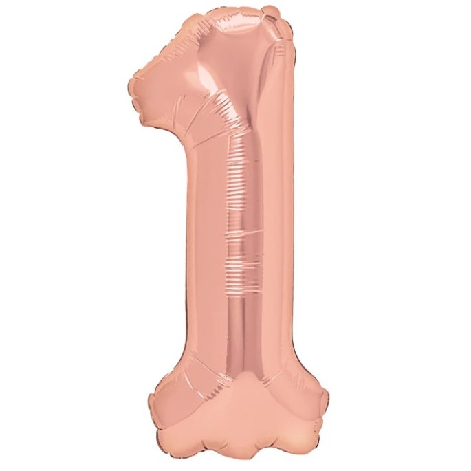 Cifre - Balon din Folie Metalizata Figurina Cifra, Tema Aniversare 80 cm, Ambalaj Individual, Pai inclus, Umflare cu Aer sau Heliu, Rose, Cifra 1