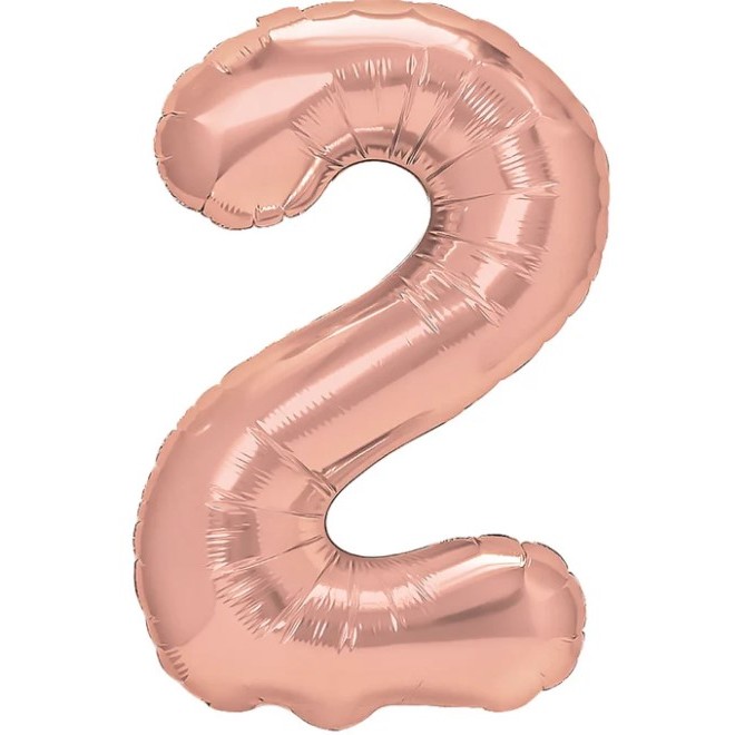 Cifre - Balon din Folie Metalizata Figurina Cifra, Tema Aniversare 80 cm, Ambalaj Individual, Pai inclus, Umflare cu Aer sau Heliu, Rose, Cifra 2