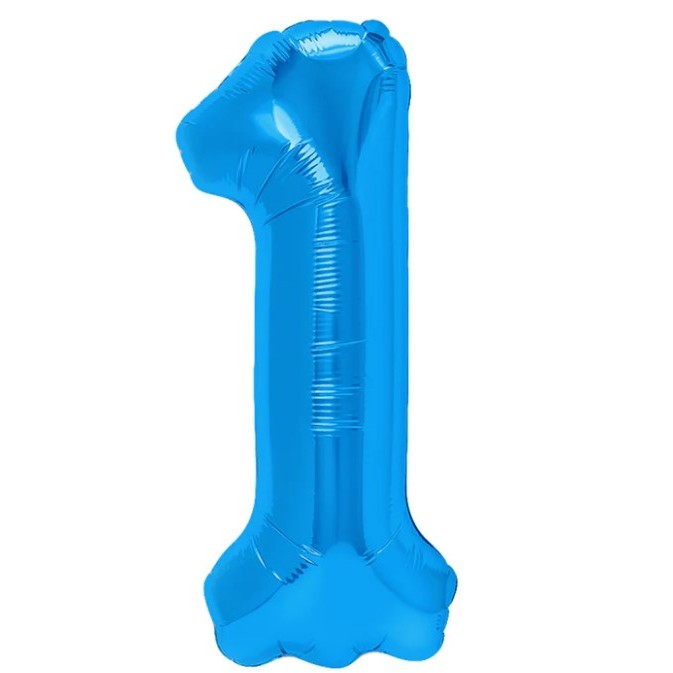 Cifre - Balon din Folie Metalizata Figurina Cifra, Tema Aniversare 40 cm, Ambalaj Individual, Pai inclus, Umflare cu Aer sau Heliu, Albastru, Cifra 1