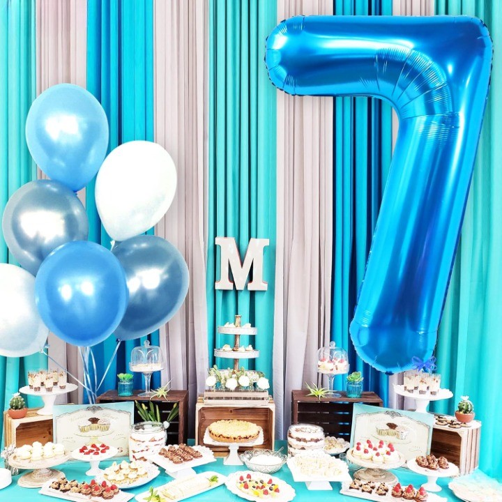 Balon din Folie Metalizata Figurina Cifra, Tema Aniversare 40 cm, Ambalaj Individual, Pai inclus, Umflare cu Aer sau Heliu, Albastru, Cifra 7 [1]